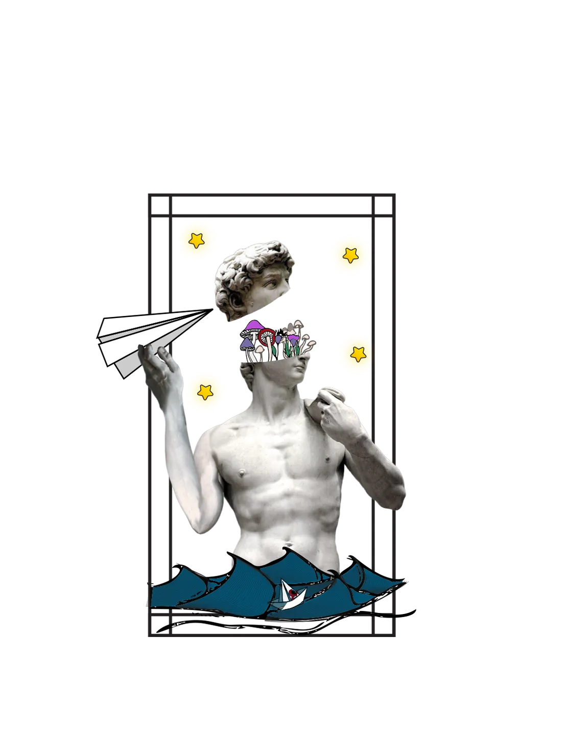 david statue throwing paper plane