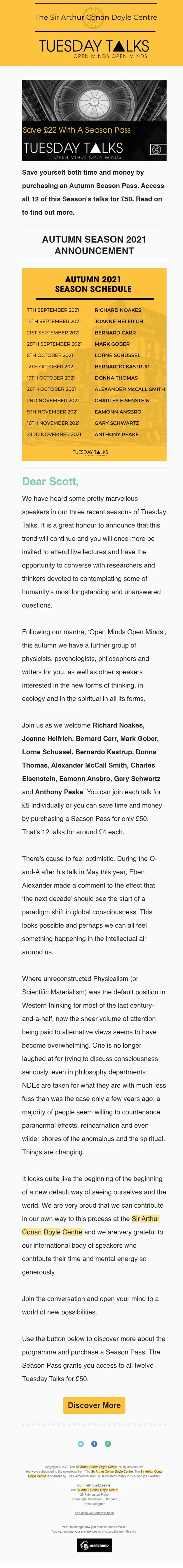 Email blast for Tuesday Talks.